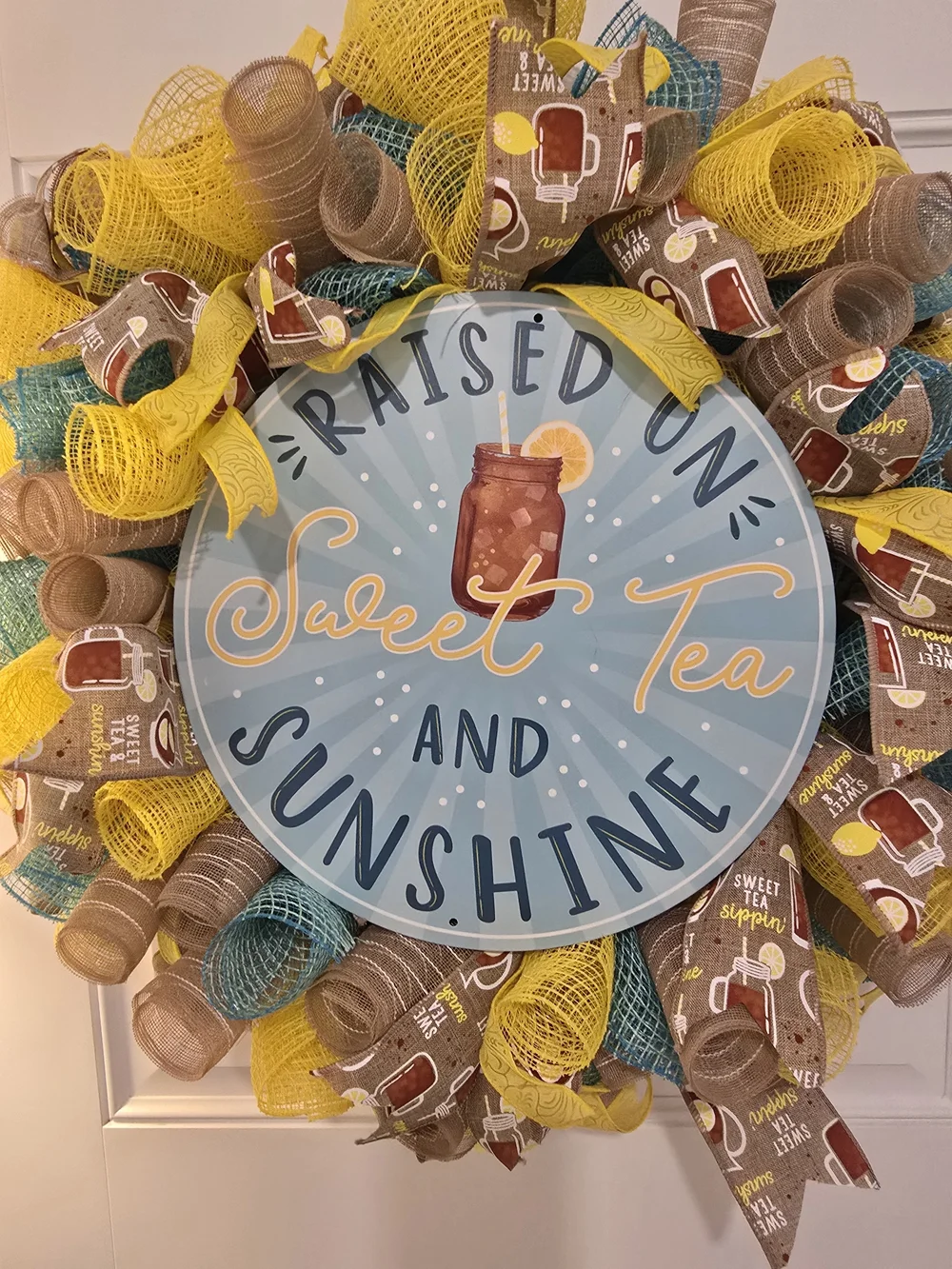 Raised on Sweet Tea and Sunshine Wreath - Yellow, Teal, Brown